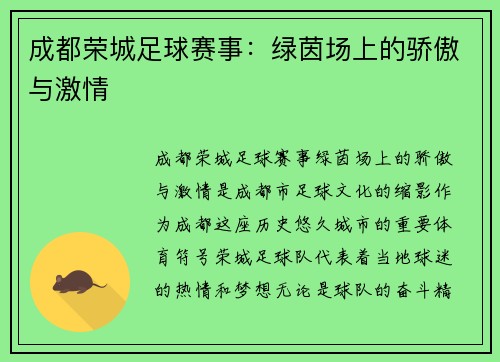 成都荣城足球赛事：绿茵场上的骄傲与激情