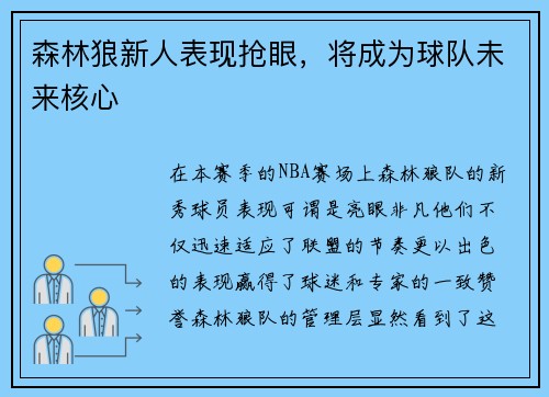 森林狼新人表现抢眼，将成为球队未来核心