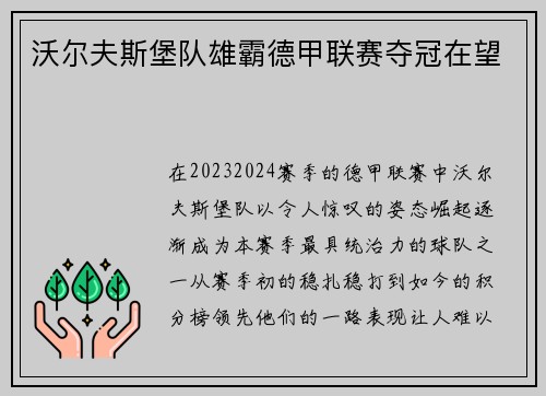 沃尔夫斯堡队雄霸德甲联赛夺冠在望