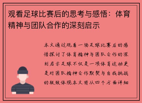 观看足球比赛后的思考与感悟：体育精神与团队合作的深刻启示