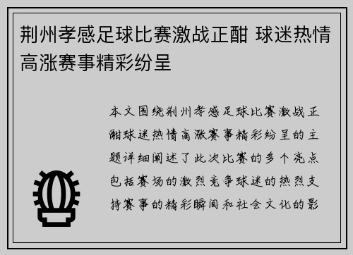 荆州孝感足球比赛激战正酣 球迷热情高涨赛事精彩纷呈