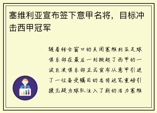 塞维利亚宣布签下意甲名将，目标冲击西甲冠军