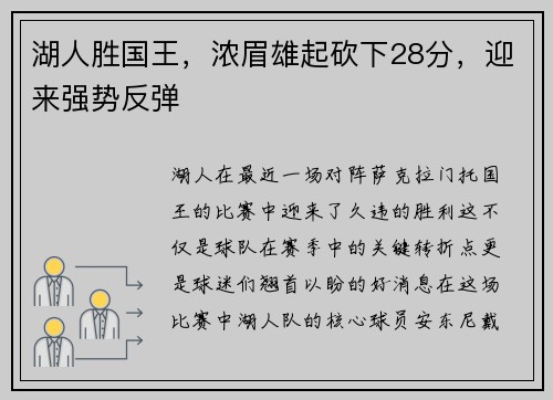 湖人胜国王，浓眉雄起砍下28分，迎来强势反弹