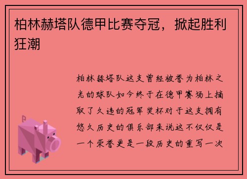 柏林赫塔队德甲比赛夺冠，掀起胜利狂潮