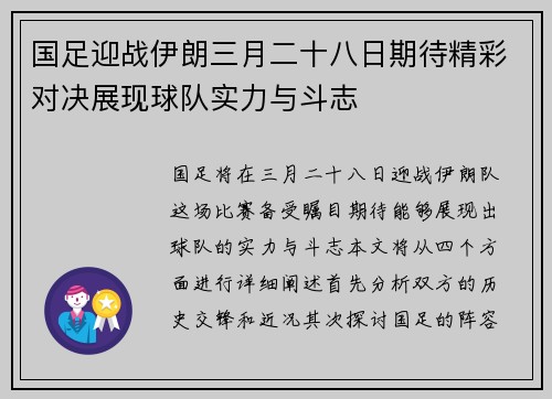 国足迎战伊朗三月二十八日期待精彩对决展现球队实力与斗志