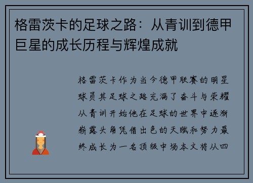 格雷茨卡的足球之路：从青训到德甲巨星的成长历程与辉煌成就