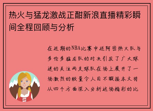 热火与猛龙激战正酣新浪直播精彩瞬间全程回顾与分析