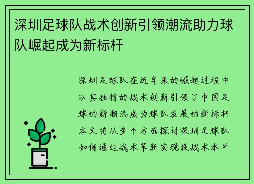 深圳足球队战术创新引领潮流助力球队崛起成为新标杆